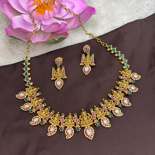Eternal Heritage – Mango & Temple Design Necklace Set with Green and Pink Kemp Stones