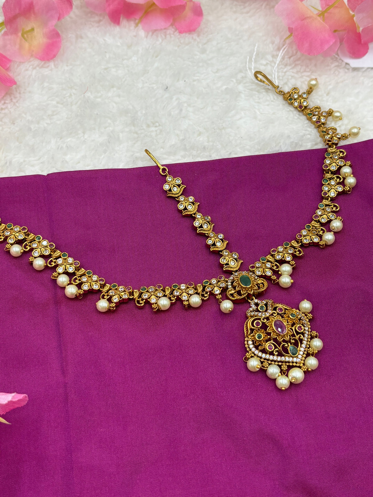 Antique Matte Gold Tikka – Three‑Layer Design with Pink & Green Stones