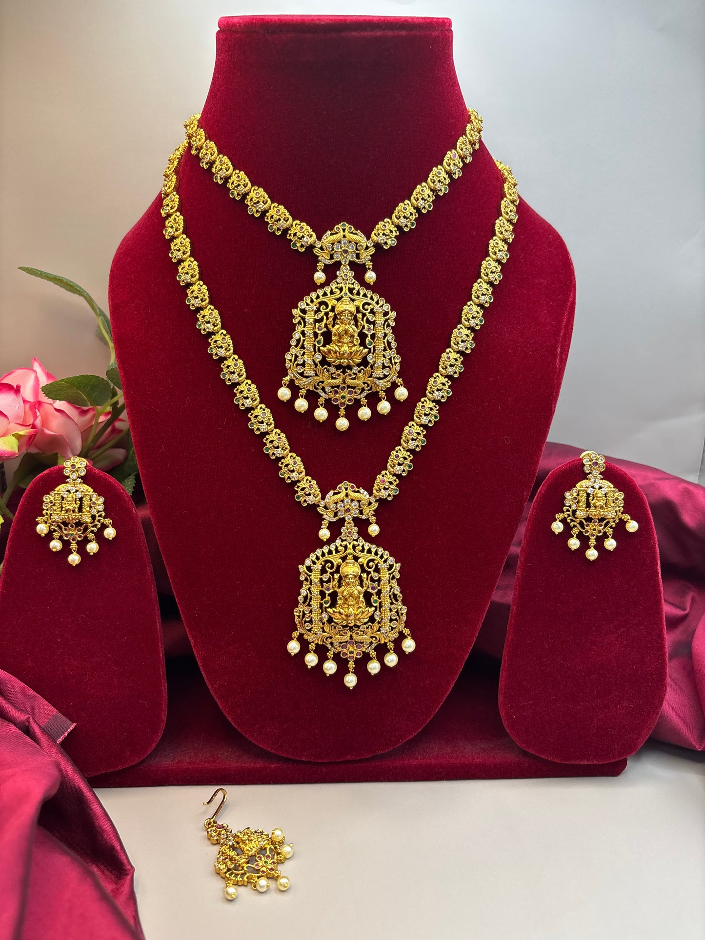 Beautiful temple design semi bridal sets with earrings and tikkas
