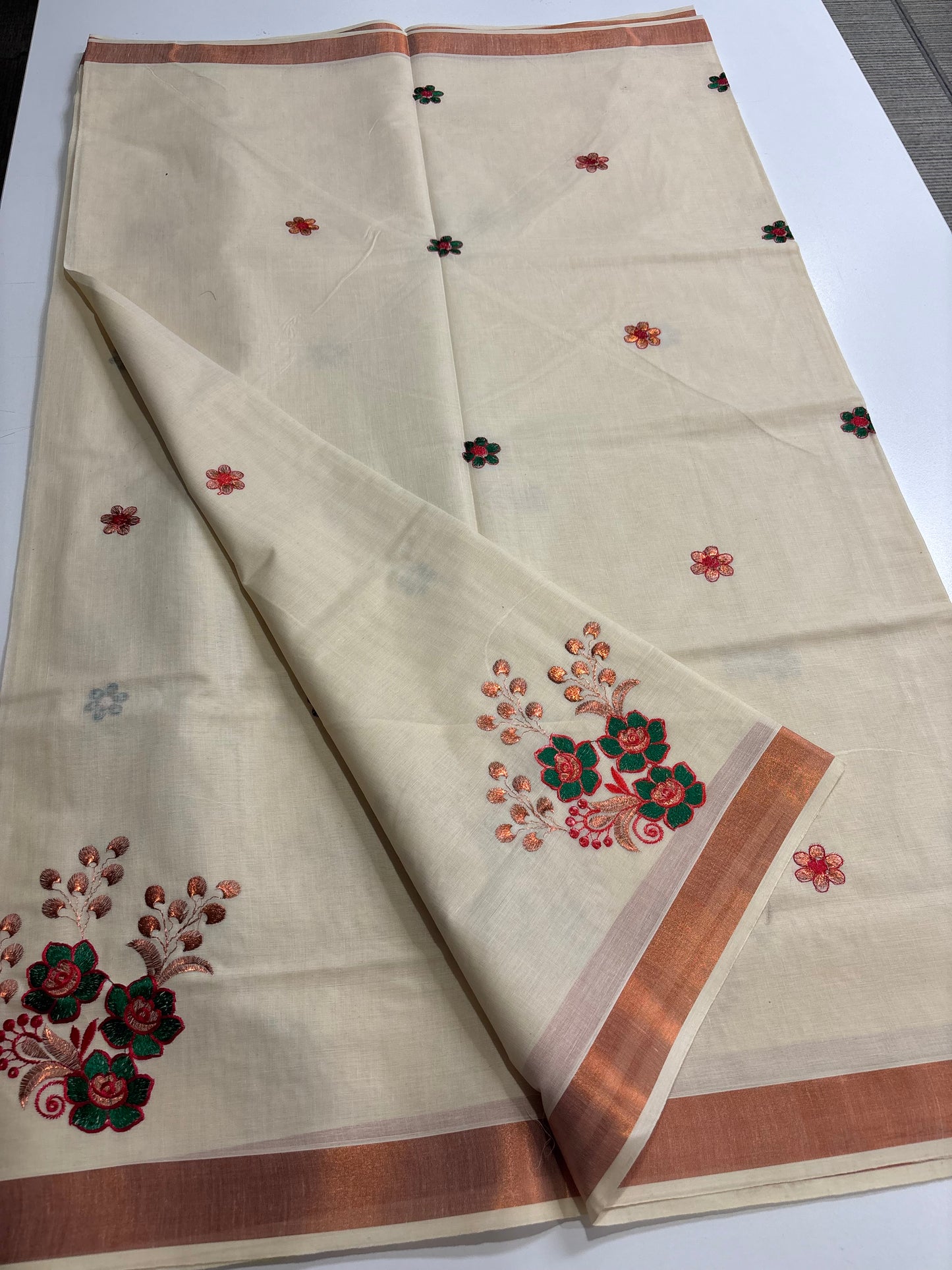 Red & Green Embroidery Kerala Kasavu Cotton Saree with Copper Zari Border | Shrees Fashion