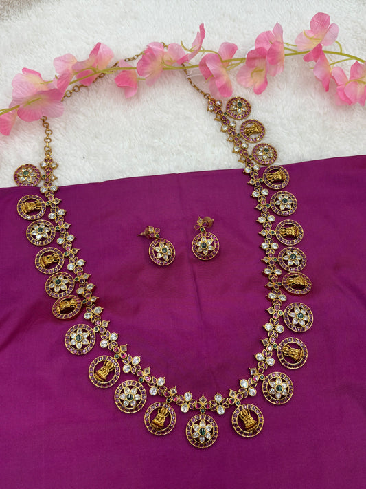 Premium Temple Jewellery – Coin Design Long Haram Set with Kemp Stones & Earrings