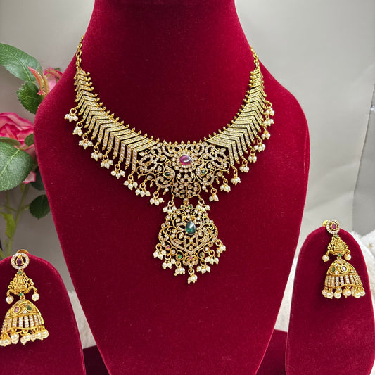 Timeless Spark – CZ & Kemp Stone Necklace Set with Jhumkas