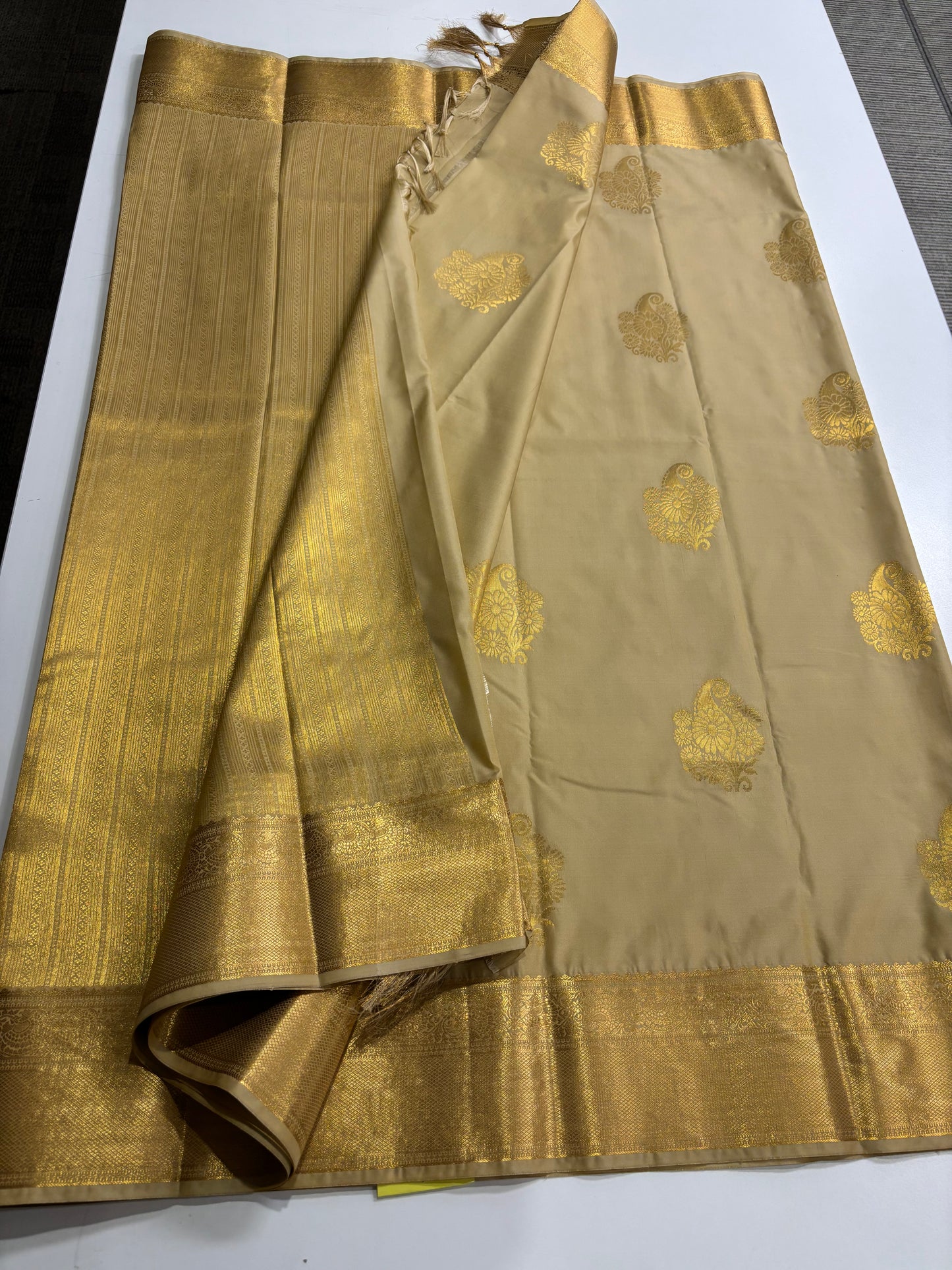 Elegant Beige Semi Silk Saree with Traditional Mango Butta