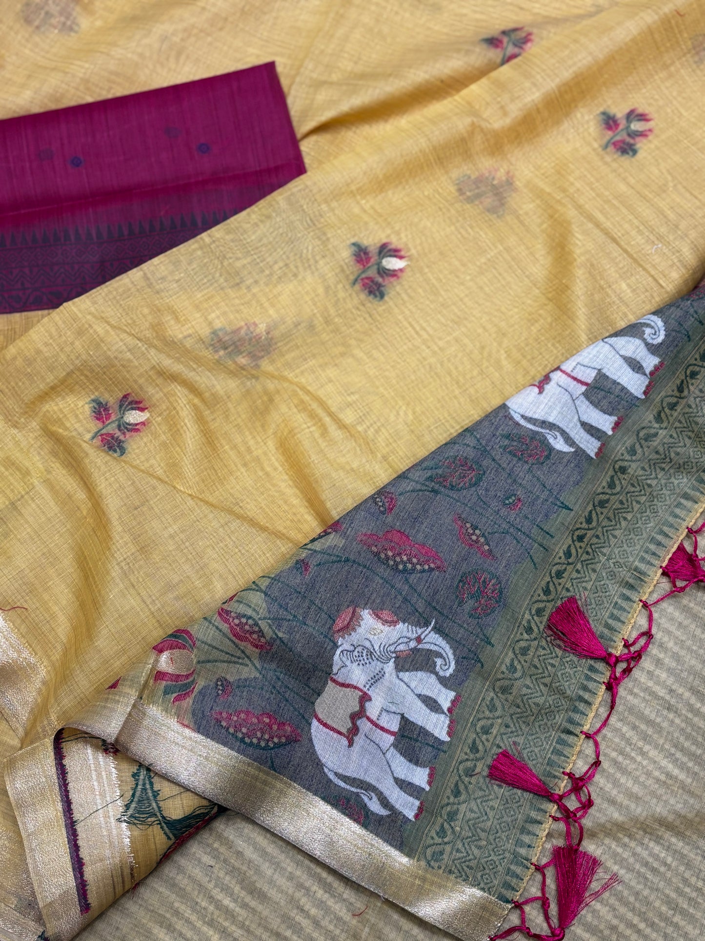 Elegant Yellow Linen Cotton Saree with Floral Print & Elephant Pallu Design