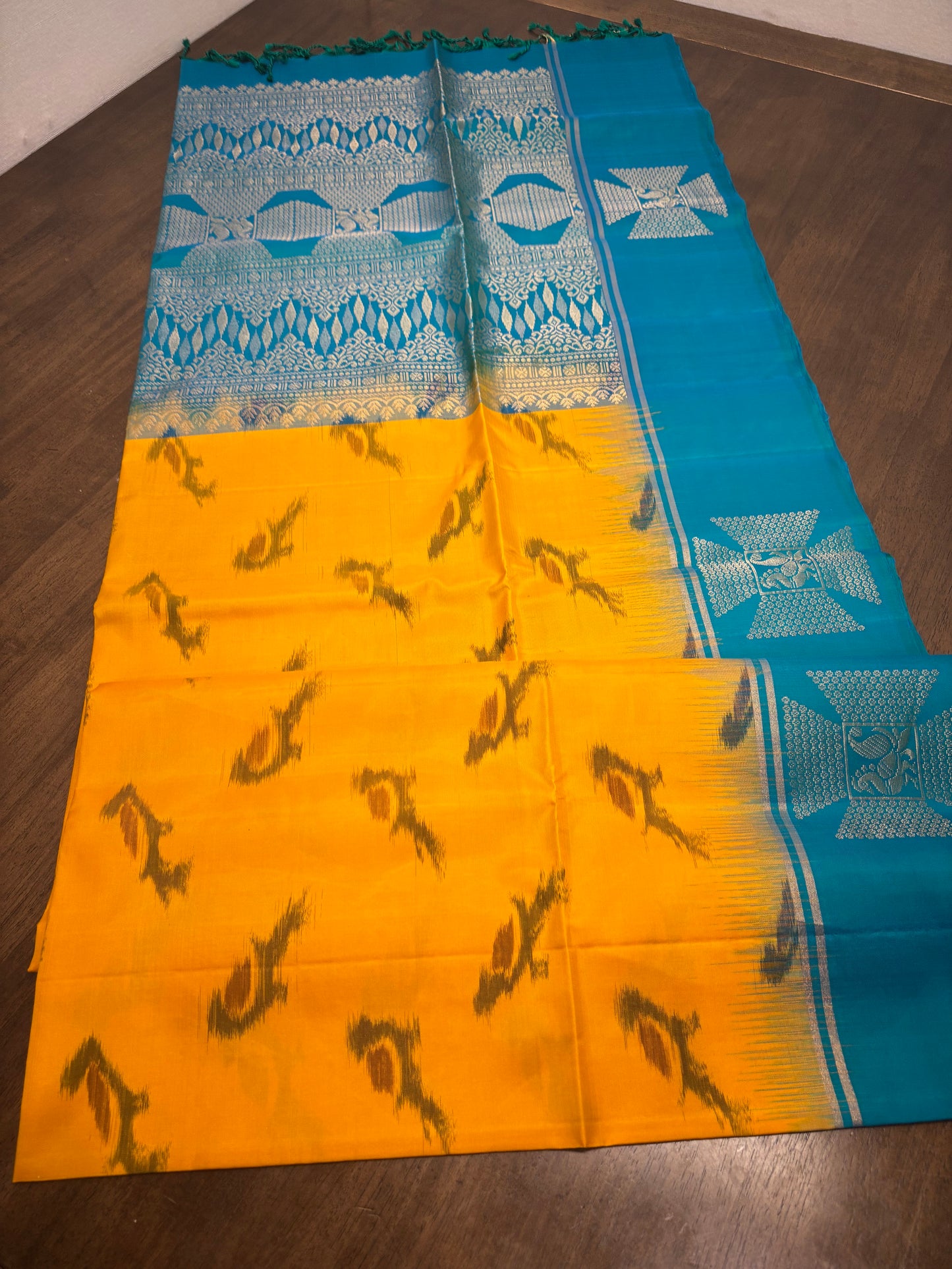 Yellow and Blue Kanchipuram Silk Saree with Parrot Motifs