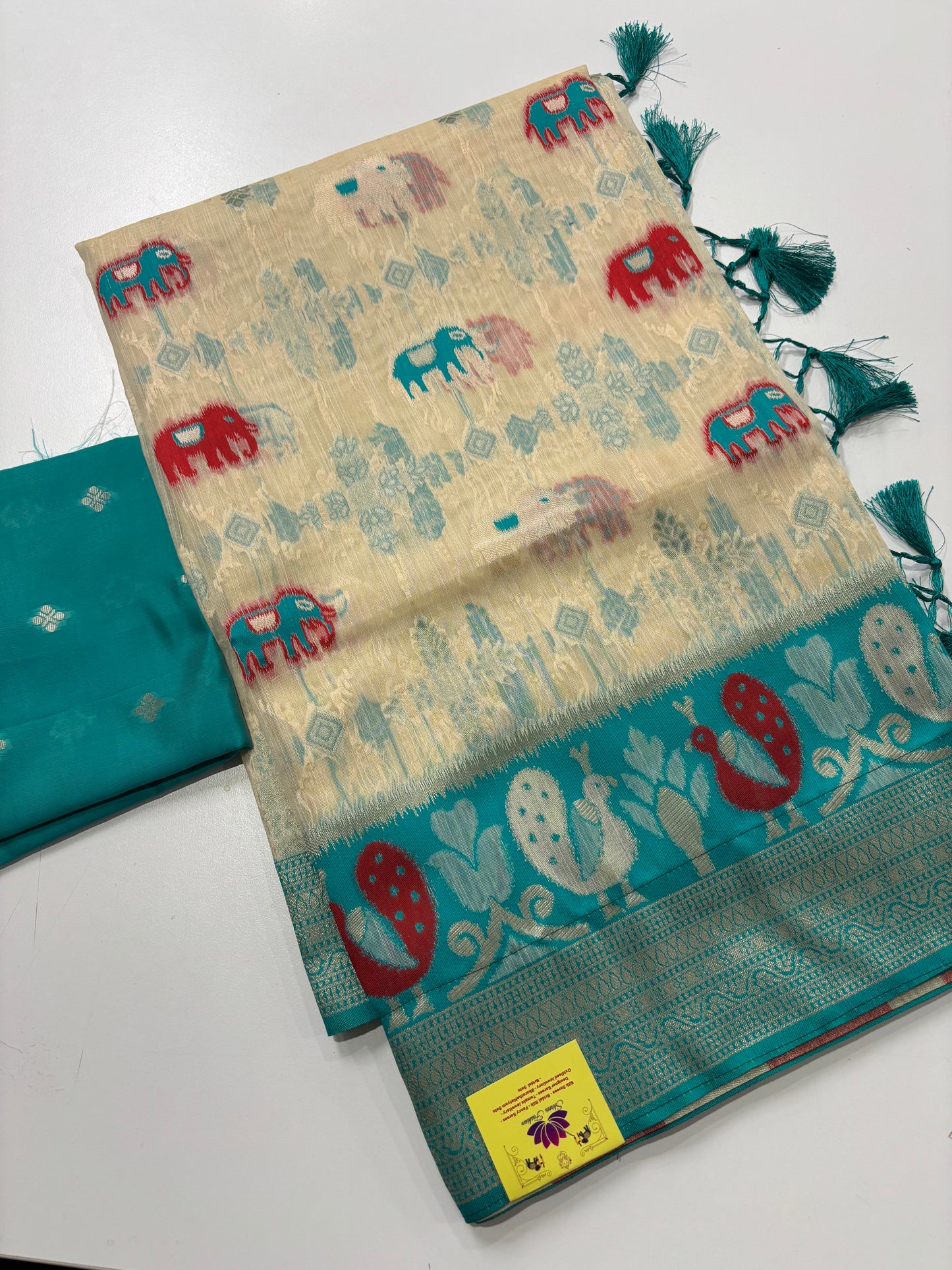 Elegant Silk‑Cotton Jamdani Saree – Cream Body with Elephant Prints and Sky‑Blue Contrast