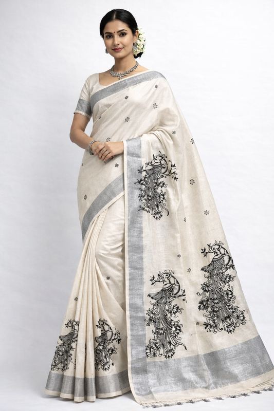 Kerala Kasavu Cotton Saree with Mural Art & Black Tassel Finish