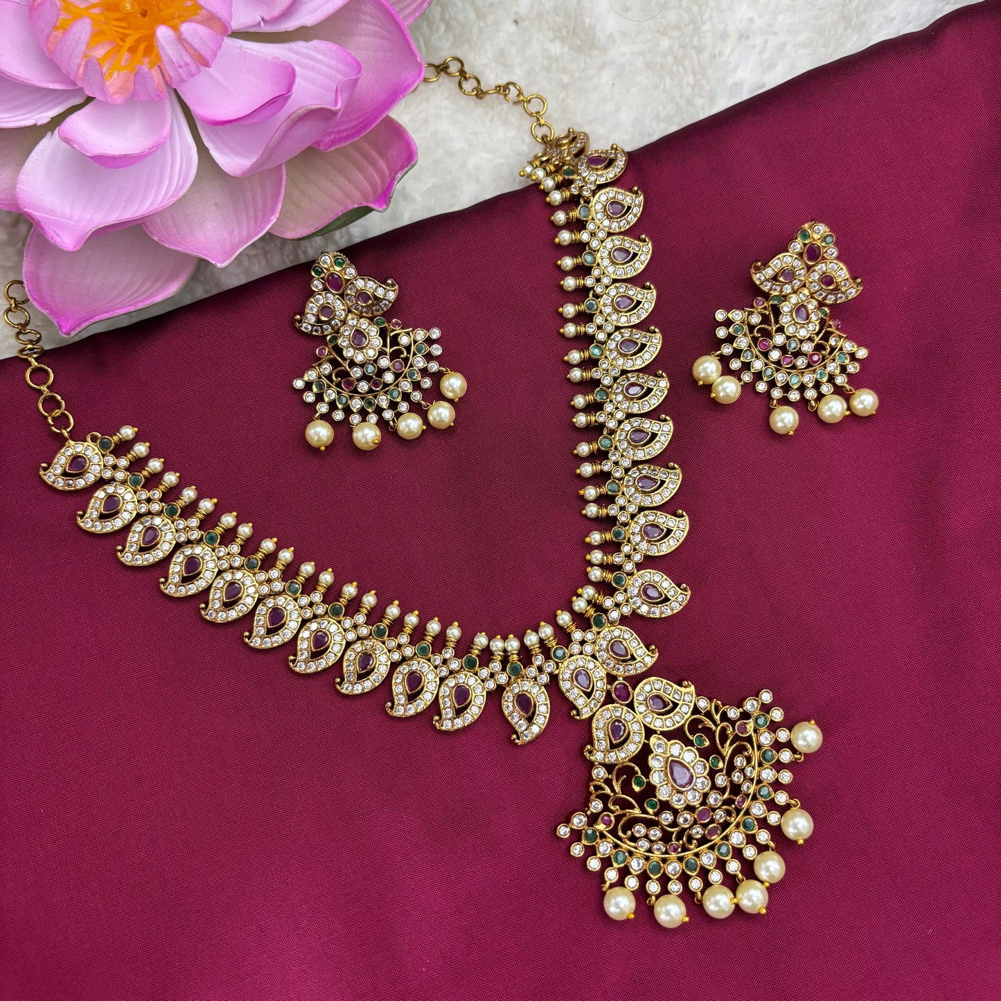 Timeless Elegance – Traditional Mango Design Necklace Set in Antique Finish