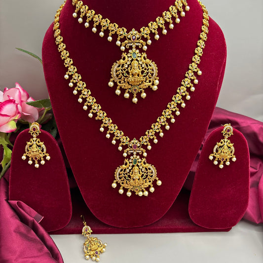 Antique Temple Semi-Bridal Set – Haram, Maang Tikka & Earrings  South Indian Matte Gold Finish