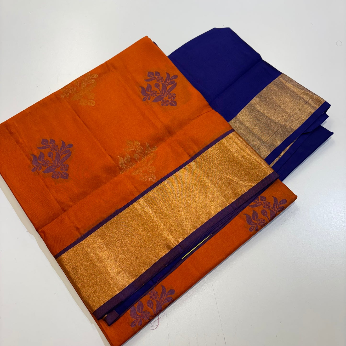 Pure Kanchipuram Silk Saree – Burnt Orange with Vibrant Blue Contrast
