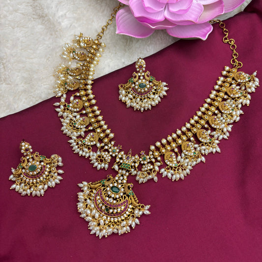 Heritage Glow – Guttapusalu Necklace with Rice Pearls, Pink & Green Kemp Accents