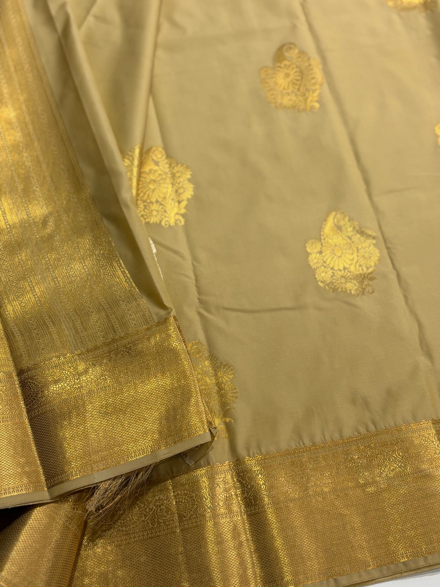 Elegant Beige Semi Silk Saree with Traditional Mango Butta