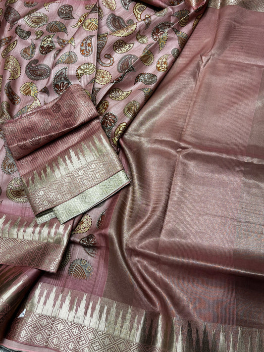 Elegant Pitch Pink Banarasi Tussar Saree with Traditional Mango Prints and Golden Detailing