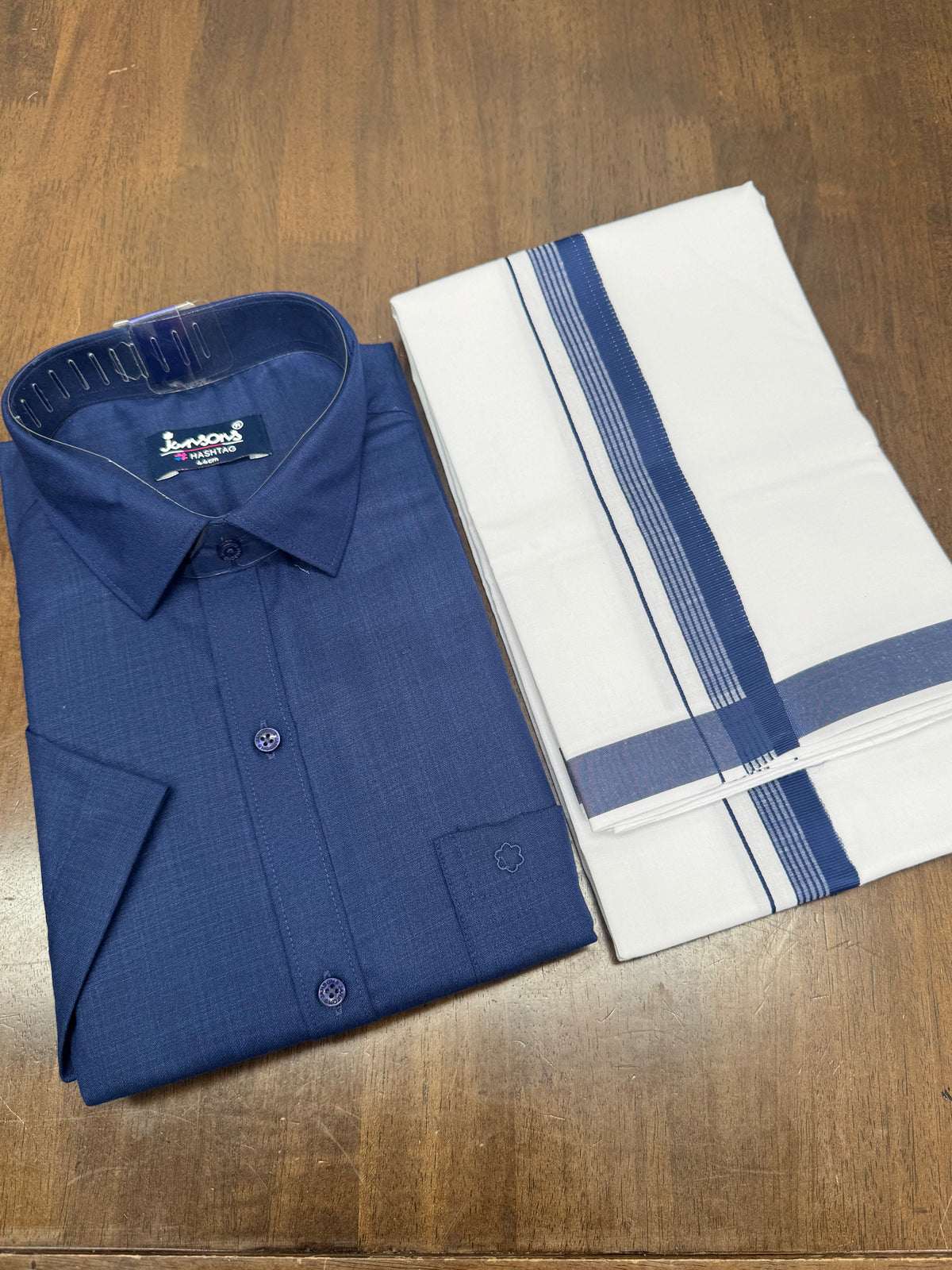 Traditional Dark Blue Full‑Sleeve Shirt and White Veshti with Rich Blue Border