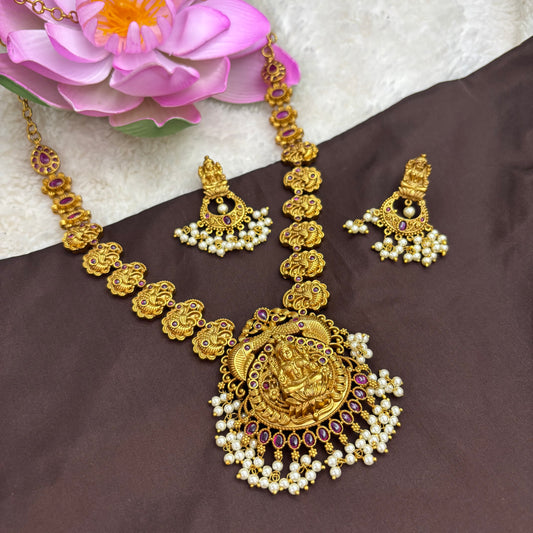Graceful Divinity – Temple Design Matte Gold Necklace with Pink Stones & White Motifs