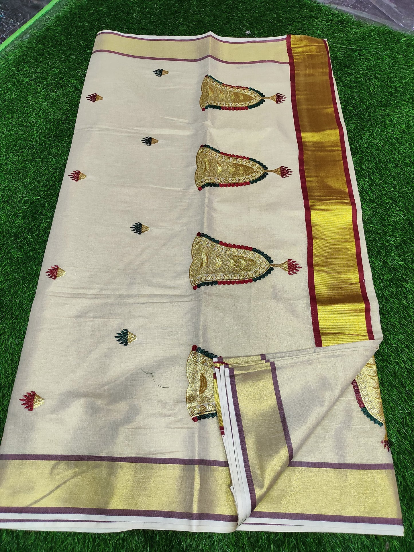 Nettipattam Embroidery Kerala Kasavu Saree in Tissue Silk – Traditional & Elegant | Shrees Fashion