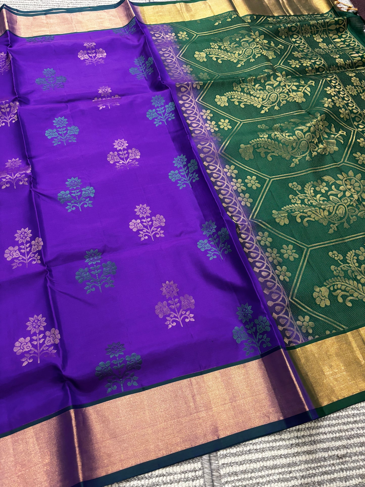 Traditional Pure Kanchipuram Silk Saree – Purple with Green Contrast