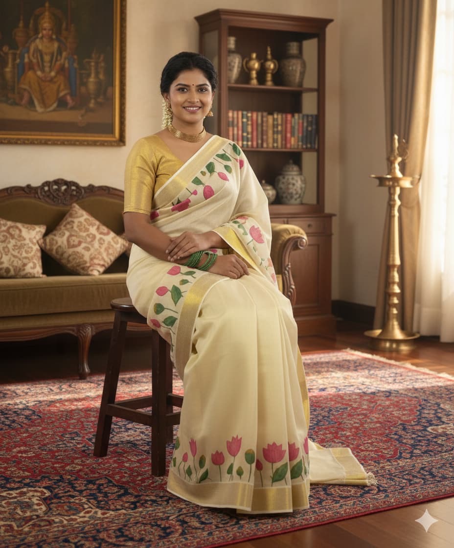 Premium Kerala Kasavu Saree in Floral Tissue Silk – South Indian Traditional Wear | Shrees Fashion