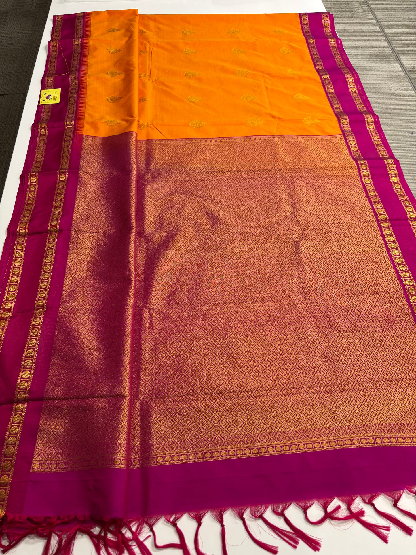 Kanchipuram Semi Silk Saree – Mango Yellow Body with Magenta Border and Pallu