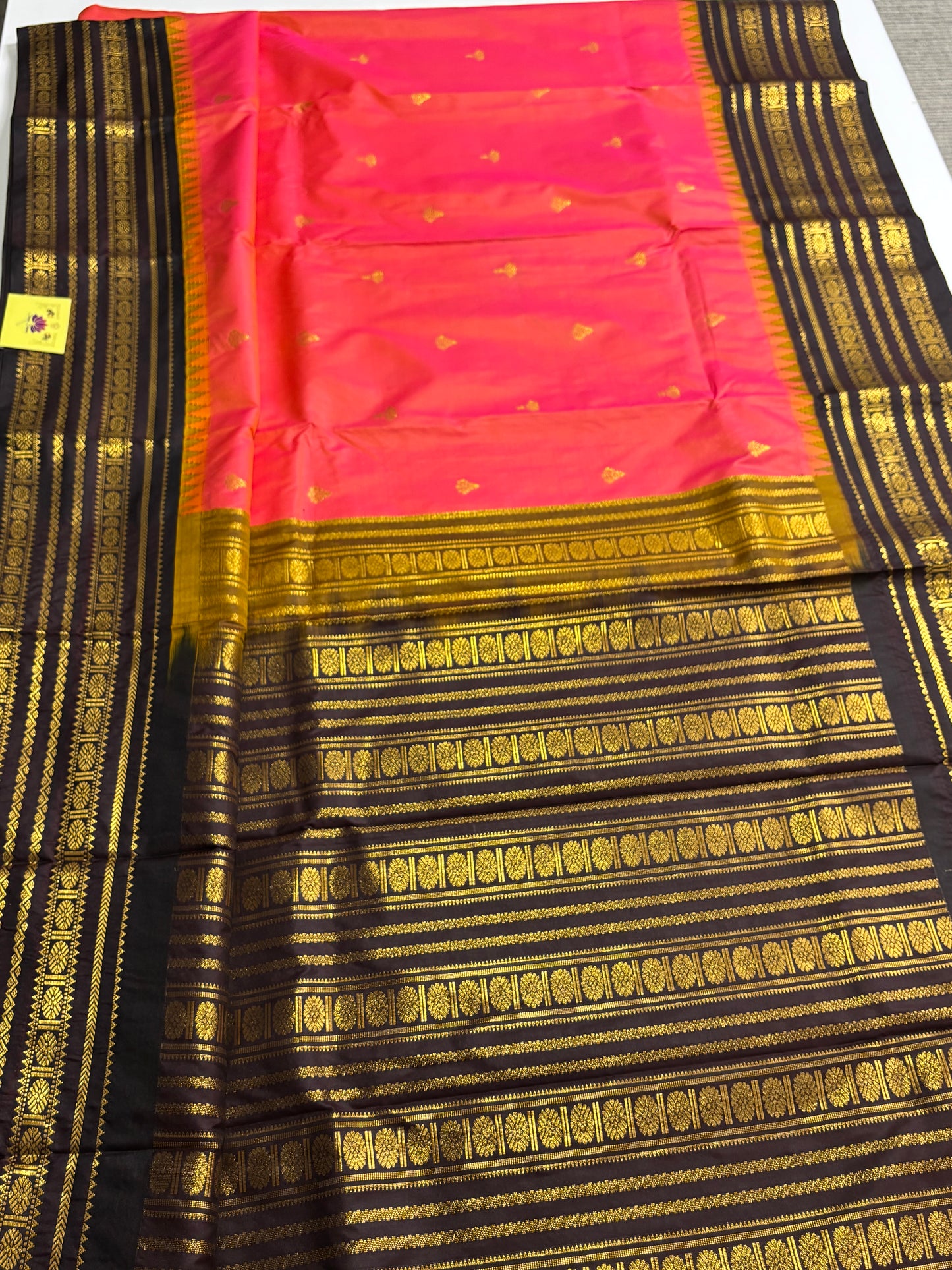 Peach & Brown Kanchipuram Semi Silk Saree with Contrast Border & Pallu