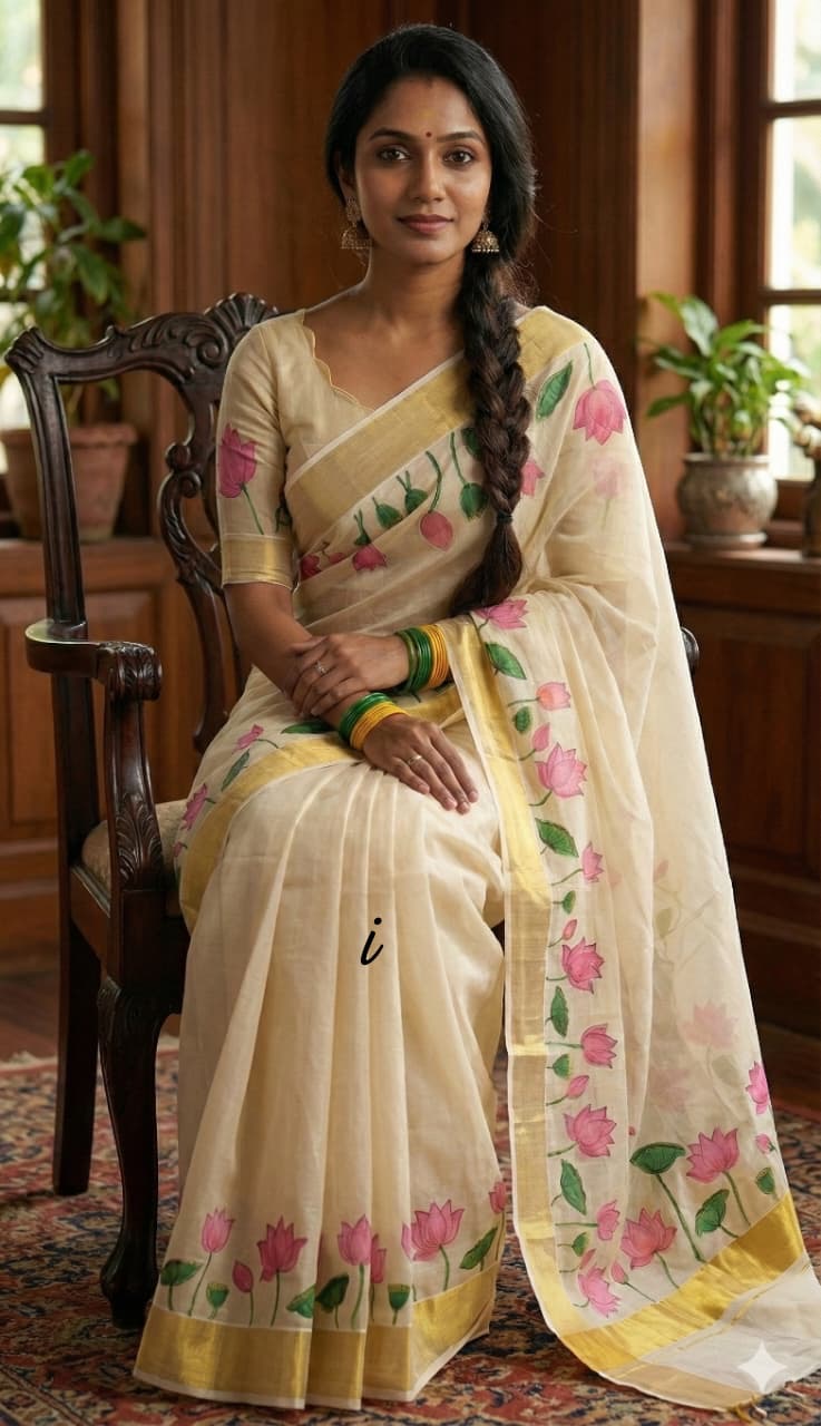 Premium Kerala Kasavu Saree in Floral Tissue Silk – South Indian Traditional Wear | Shrees Fashion