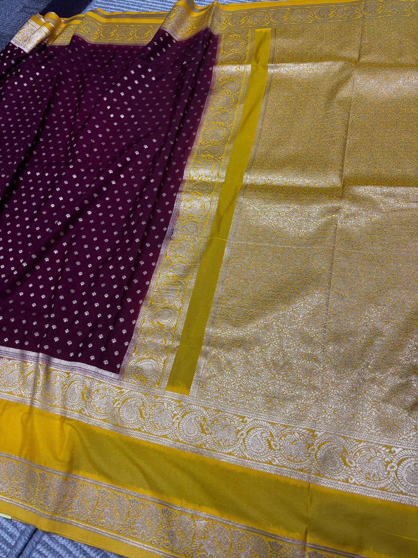 Exquisitely Crafted Wine Banarasi Soft Silk Saree with Vibrant Yellow Border, Pallu & Contrast Blouse Piece | Shrees Fashion