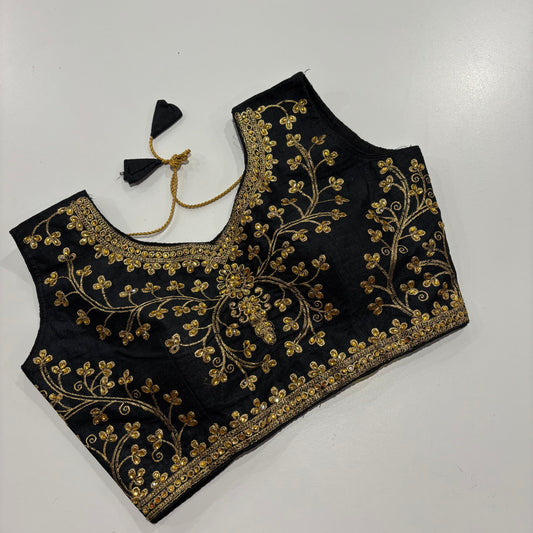 Black Readymade Blouse with Gold Embroidery & Attached Sleeve Fabric Classic Elegance for Sarees