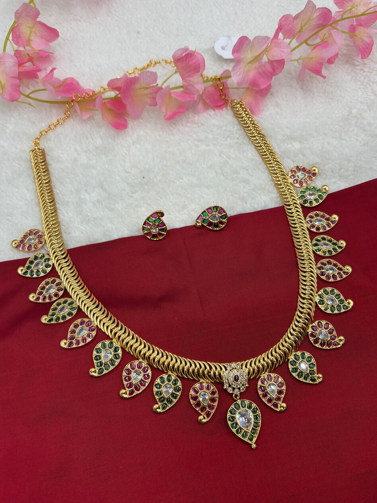 Gold Mango Design Long Haram Set with Green & Pink Kemp Stones – Traditional South Indian Style