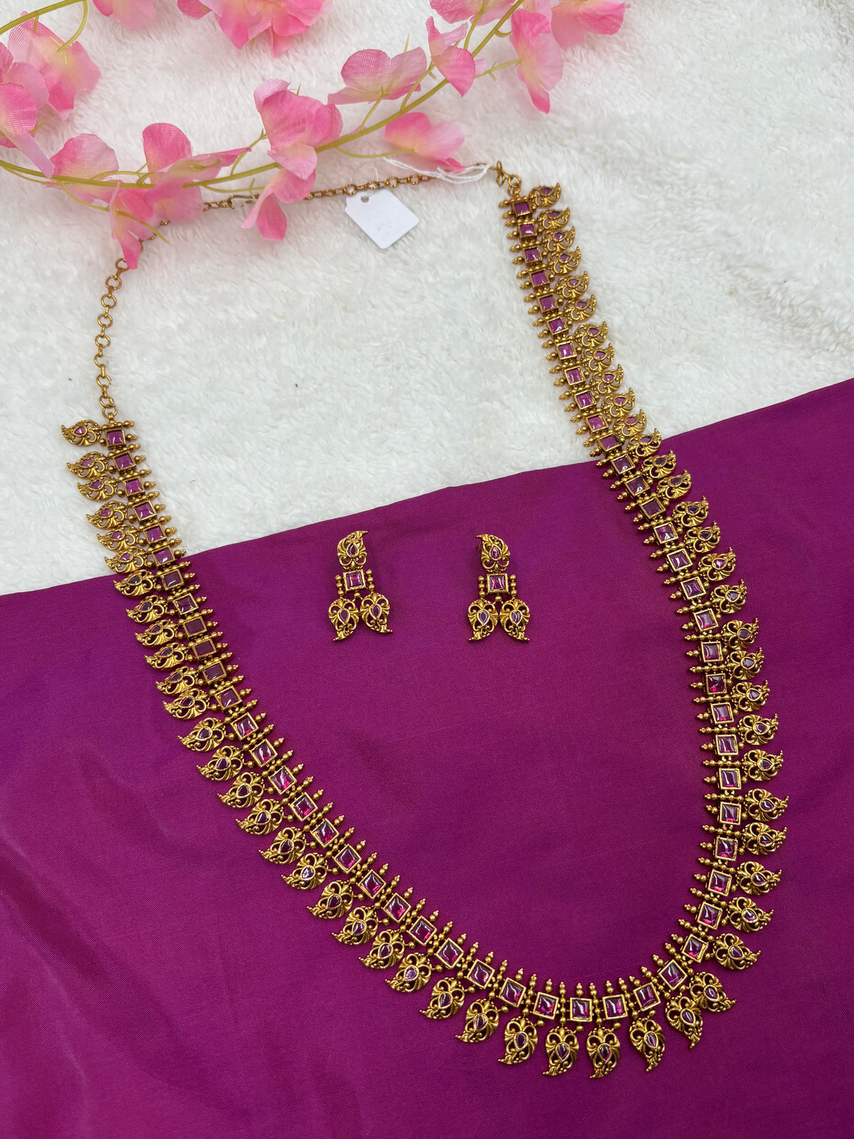 South Indian Temple Mango Design Long Haram Set – Antique Gold with Pink Stones