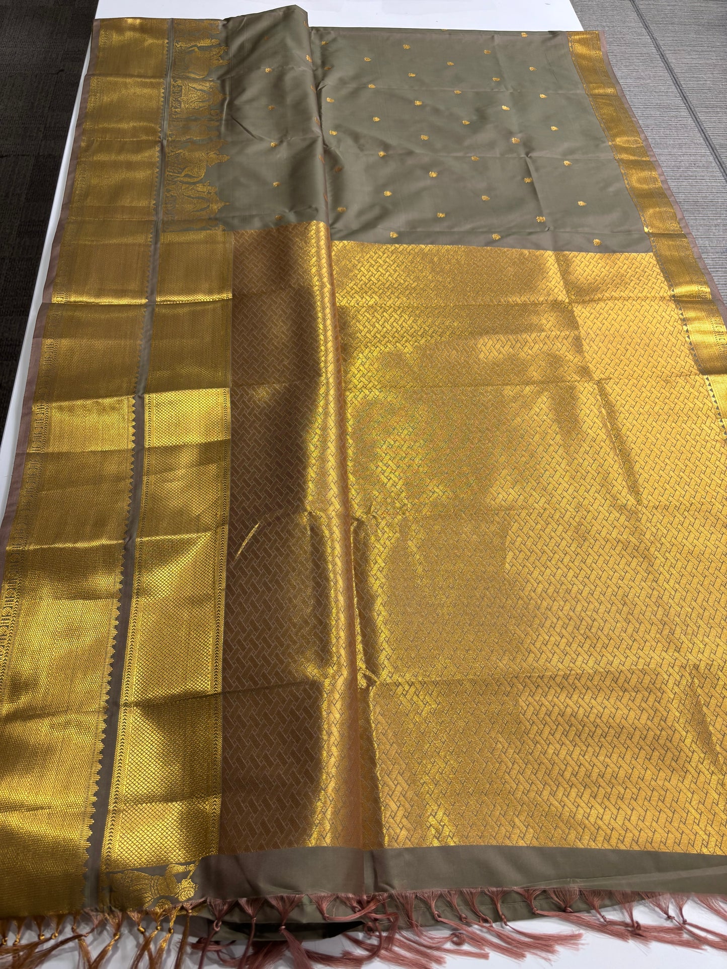 Elegant Pastel Grey Semi Silk Saree with Golden Highlights with Palki Patterns | Shrees Fashion