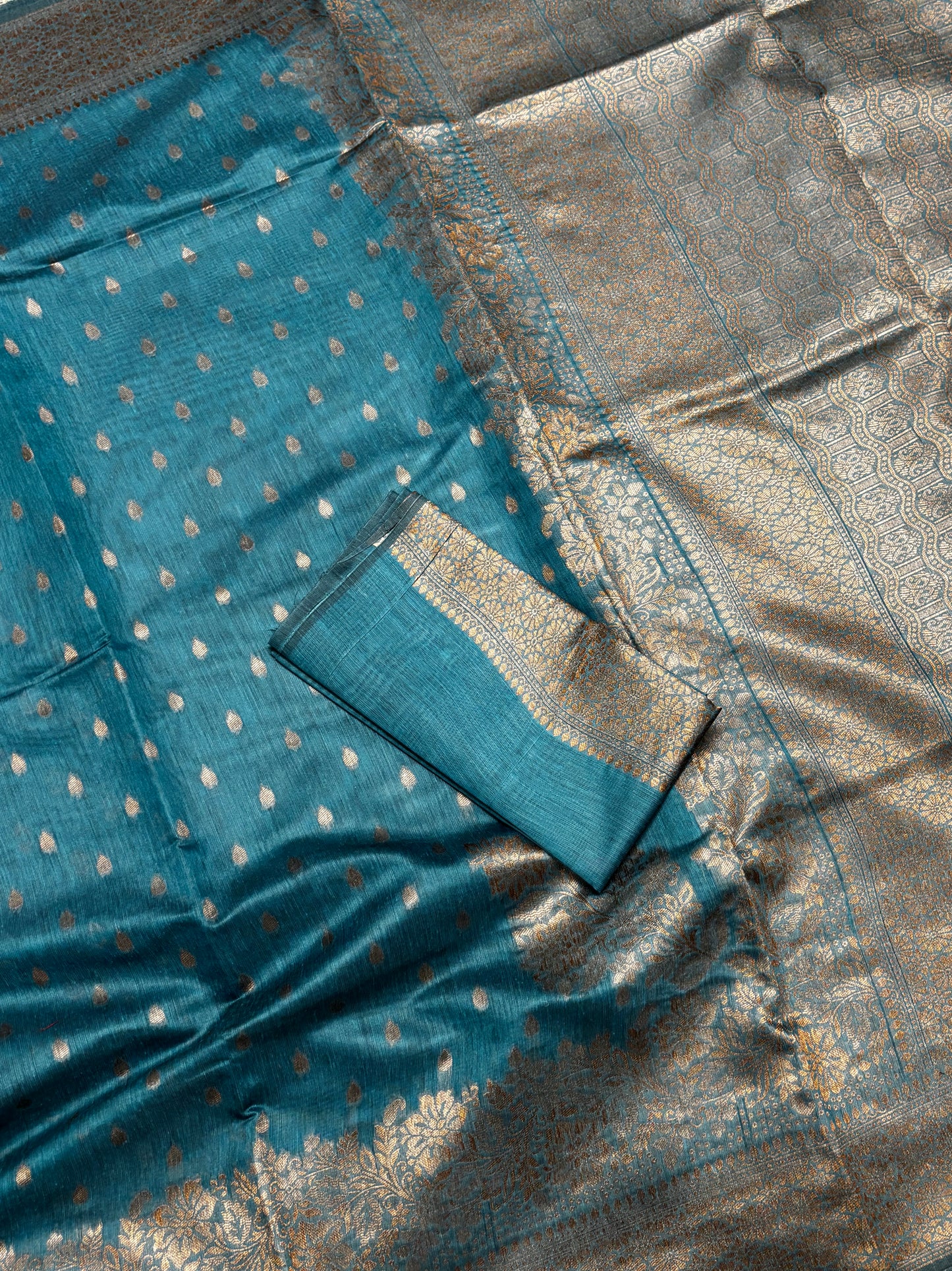 Pure Tussar Silk Saree – Blue Banarasi Design with Antique Golden Zari | Shrees Fashion