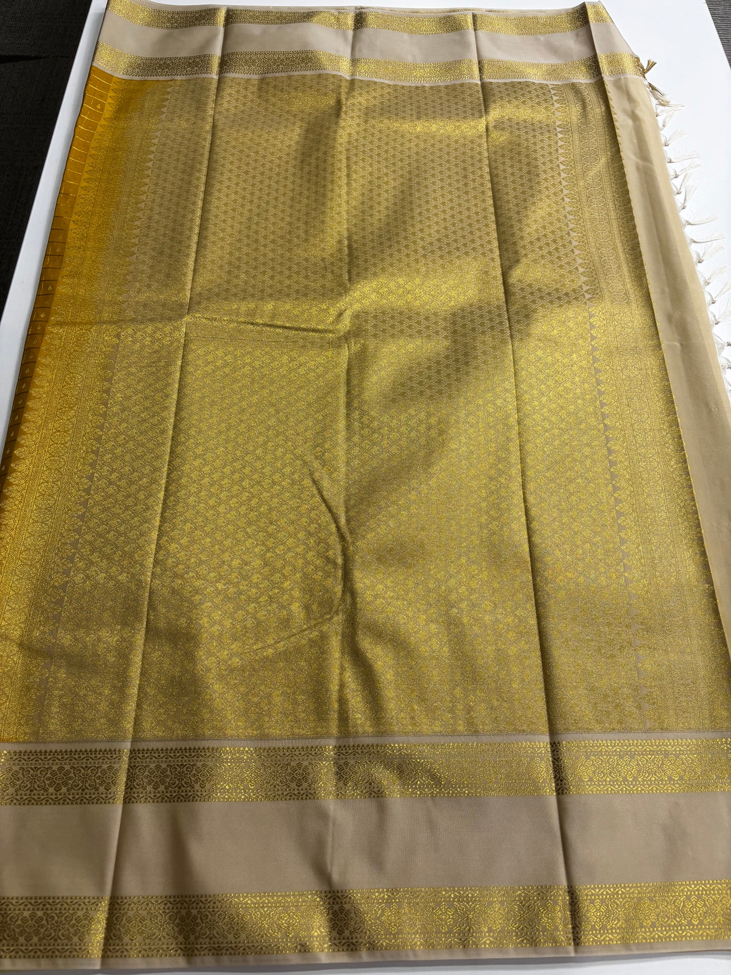 Elegant Semi Kanchipuram Saree – Mustard Body & Beige Gold Border