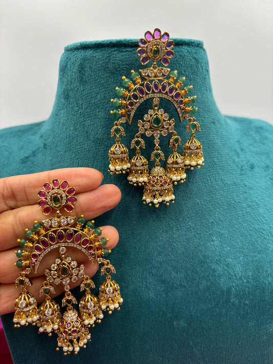 Royal Real Kemp Chandbali Jhumka Earrings with Pink Stones, Green Accents & Pearls – Antique Gold Finish