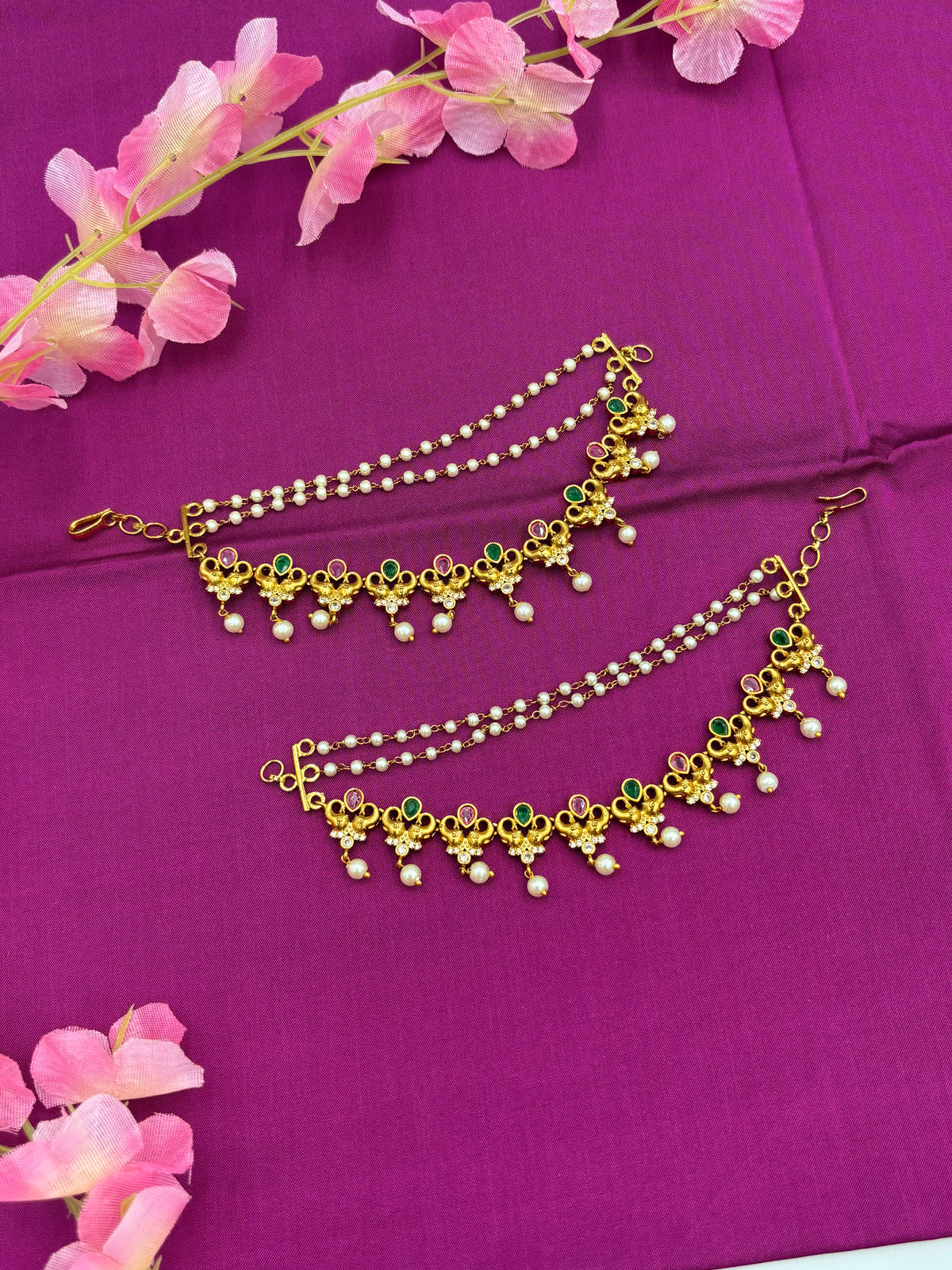Gold Finish Ear Chain with Pink, Green Stones and Pearl Hangings