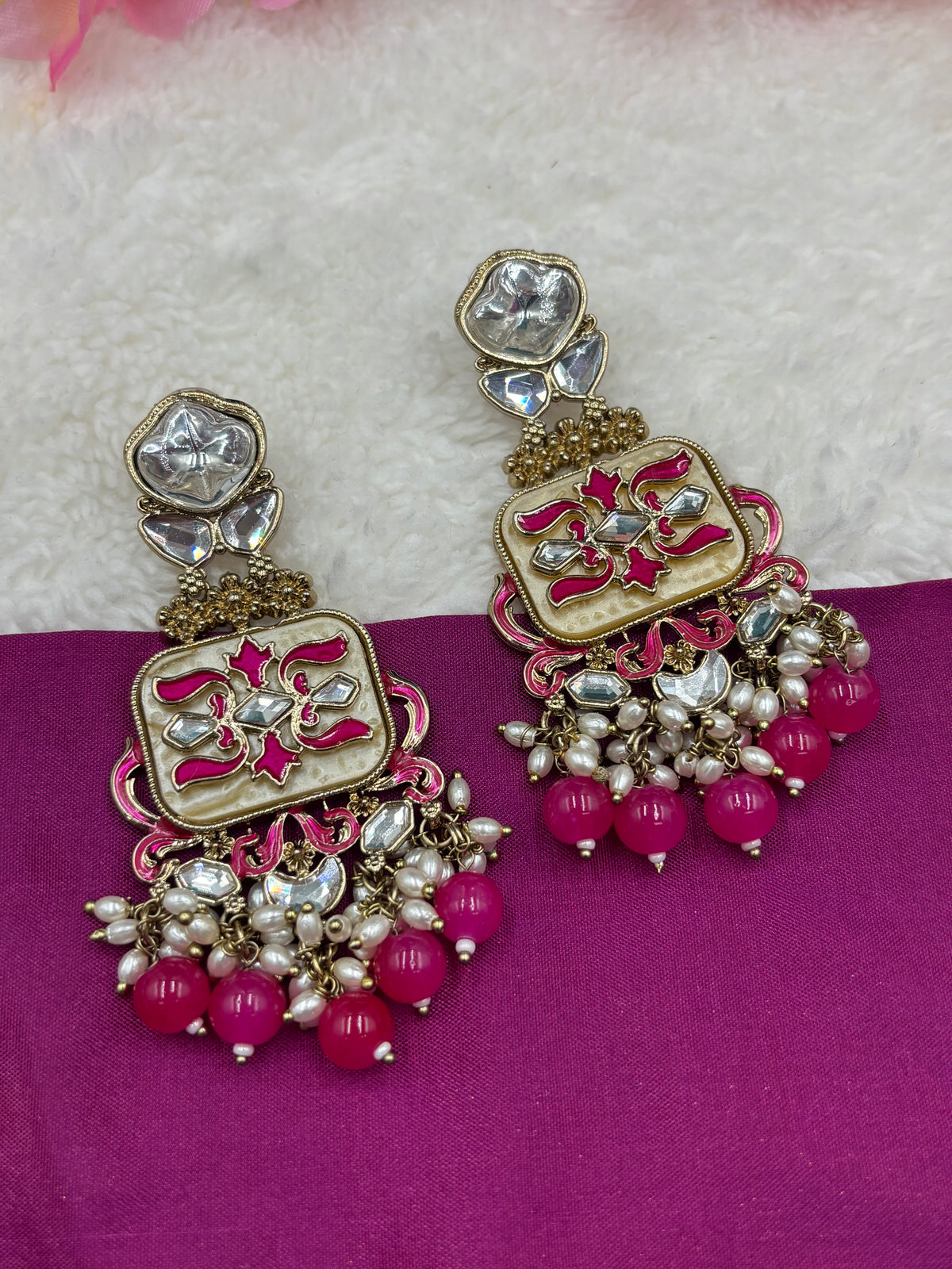 Elegant Kundan Earrings with Pink Meenakari and Pearl Accents