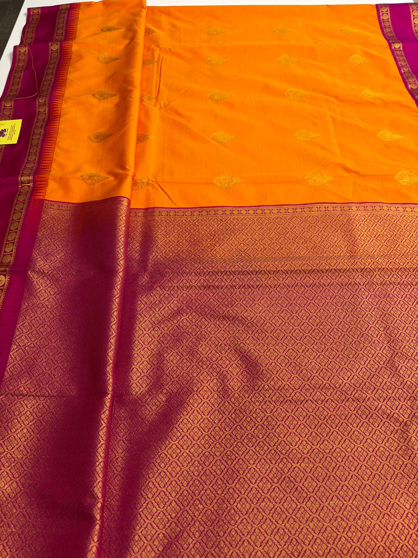 Kanchipuram Semi Silk Saree – Mango Yellow Body with Magenta Border and Pallu