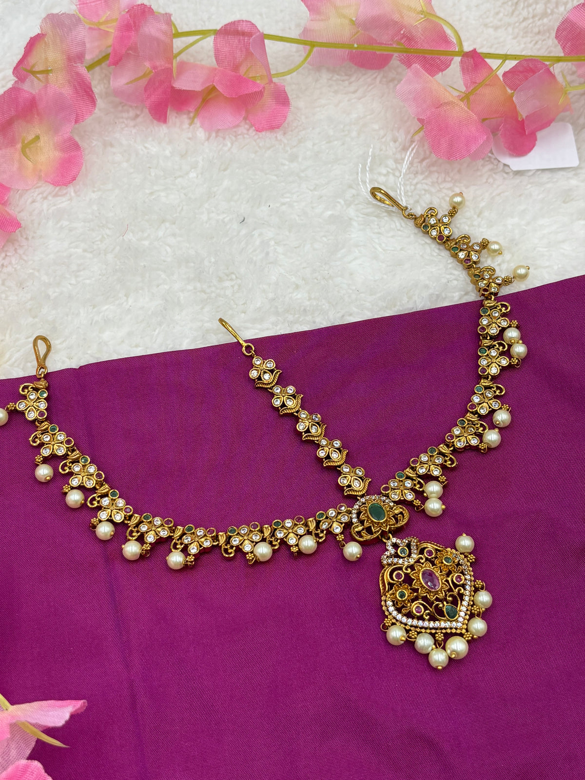 Antique Matte Gold Tikka – Three‑Layer Design with Pink & Green Stones