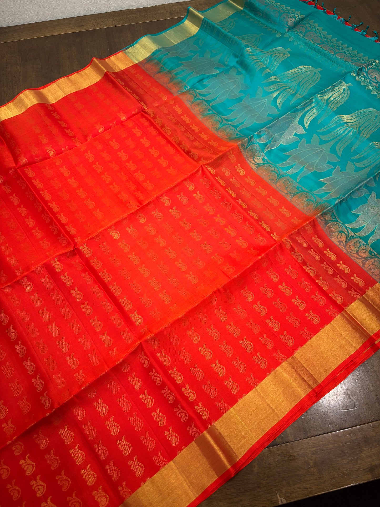 Orange and Tiffany Blue Kanchipuram Silk Saree