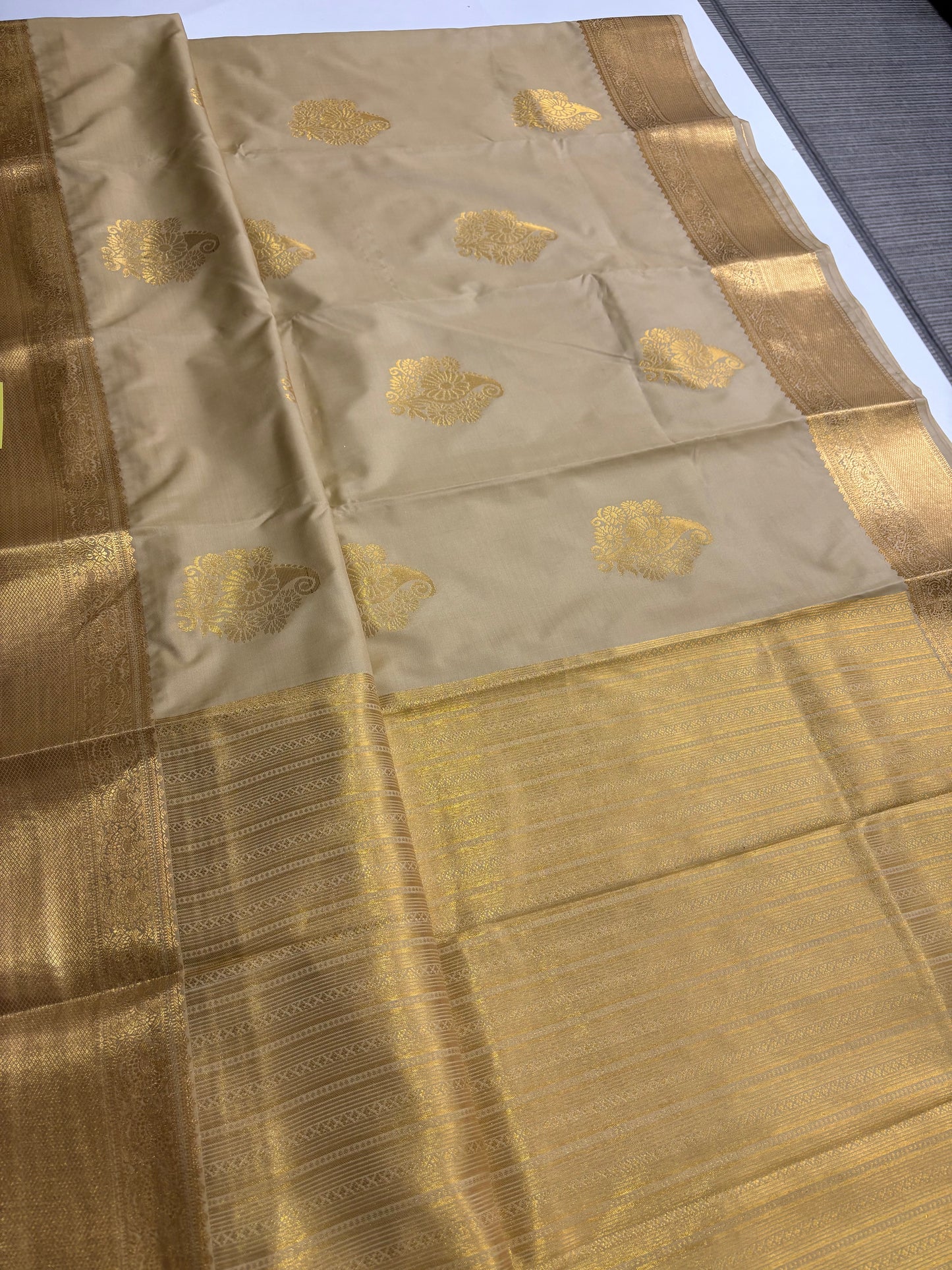 Elegant Beige Semi Silk Saree with Traditional Mango Butta