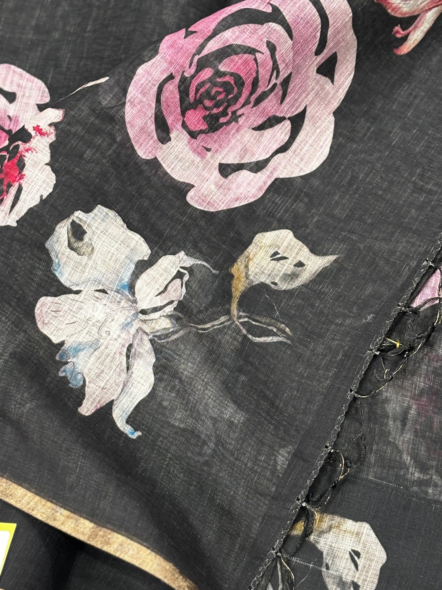 Beautifully Crafted Black Linen Cotton Saree with Floral Print, Golden Border, Tassels & Printed Blouse Piece | Shrees Fashion