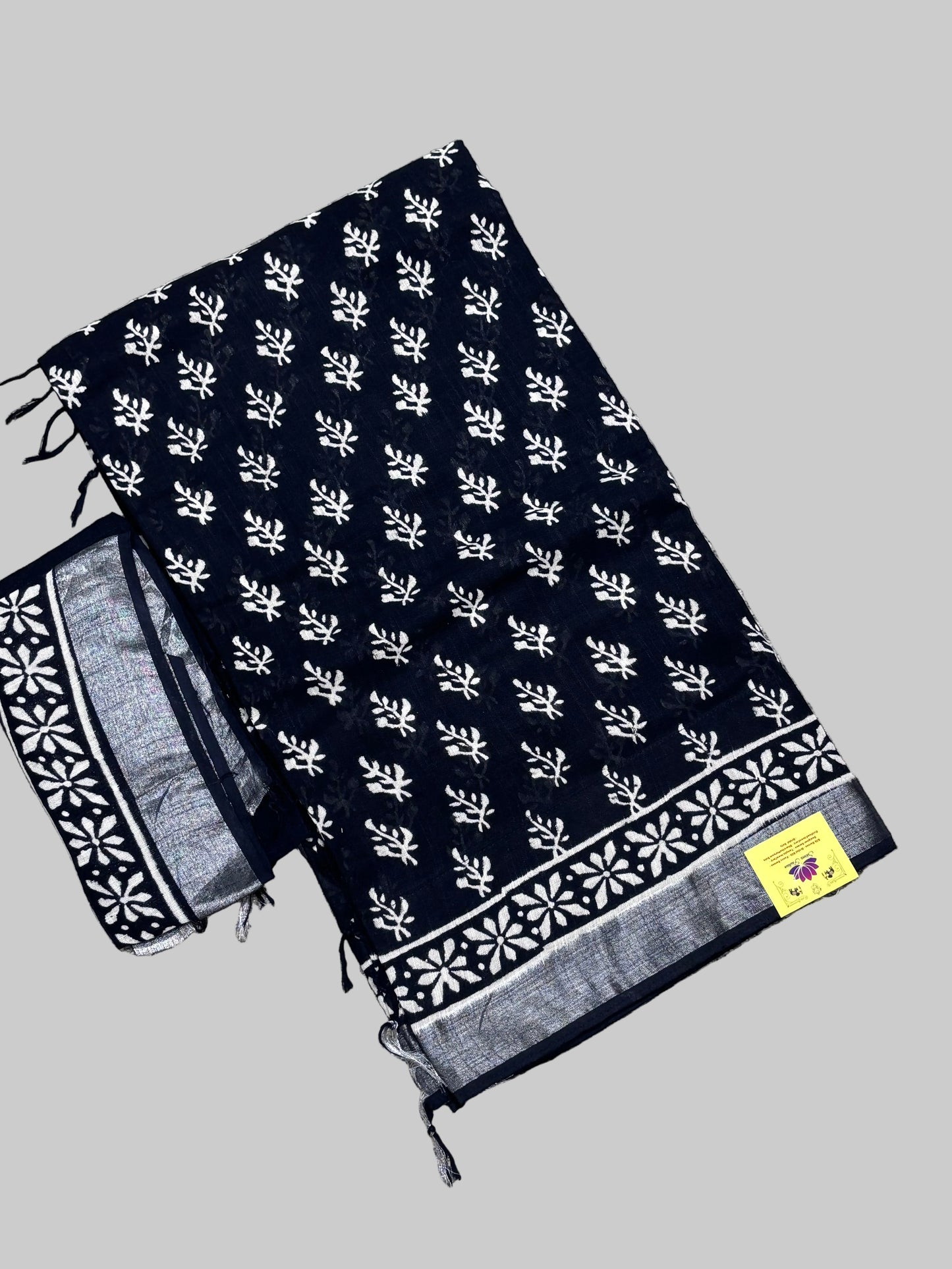 Elegant Black Linen Cotton Saree Featuring Traditional Hand Block Designs | Shrees Fashion
