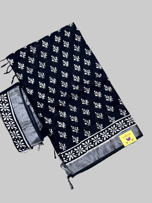 Elegant Black Linen Cotton Saree Featuring Traditional Hand Block Designs | Shrees Fashion