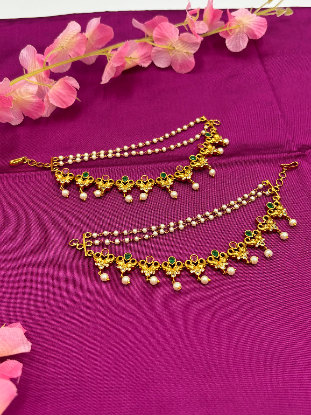 Gold Finish Ear Chain with Pink, Green Stones and Pearl Hangings