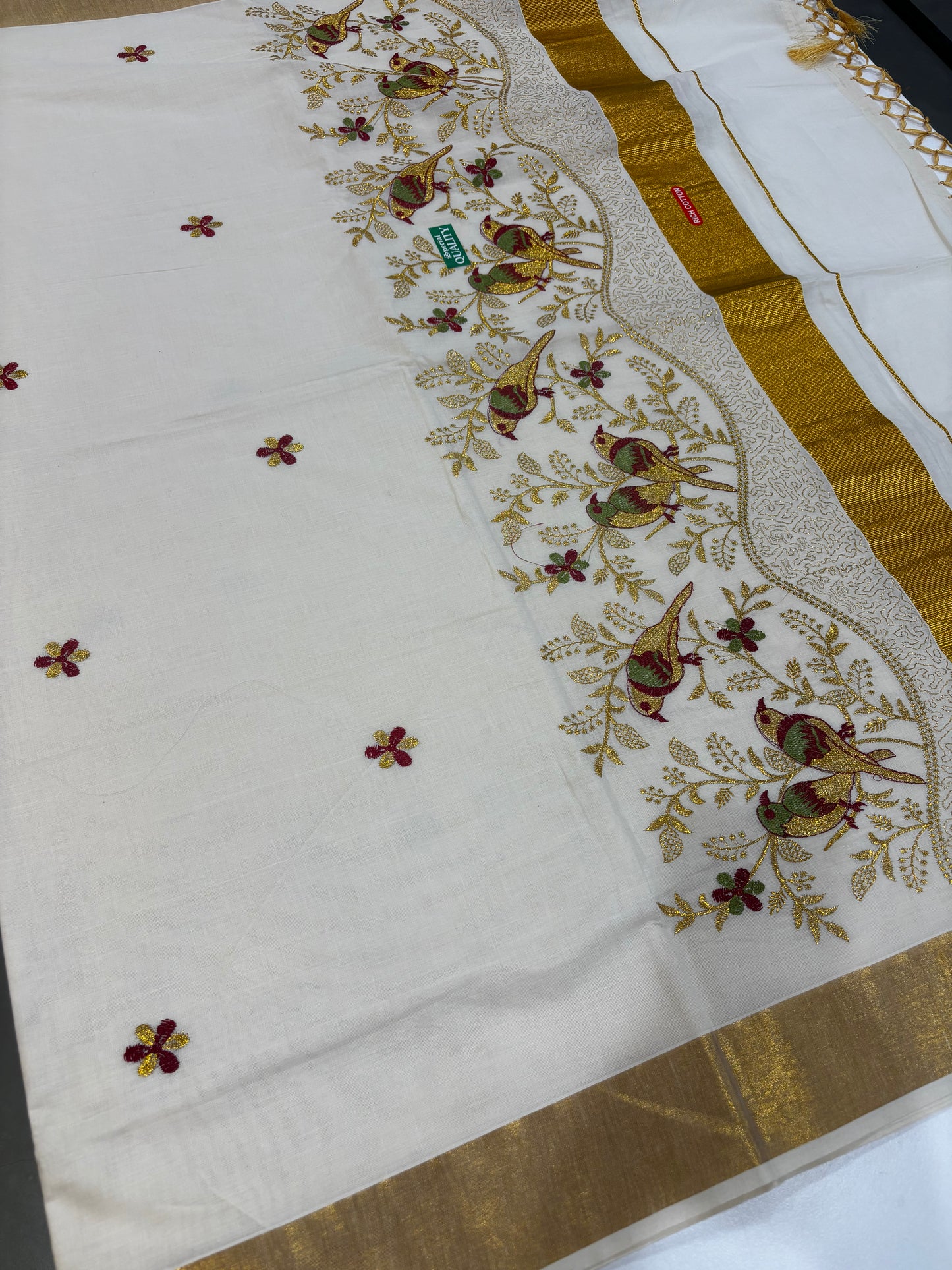 Kerala Kasavu saree with bird embroidery and gold zari border – view 2