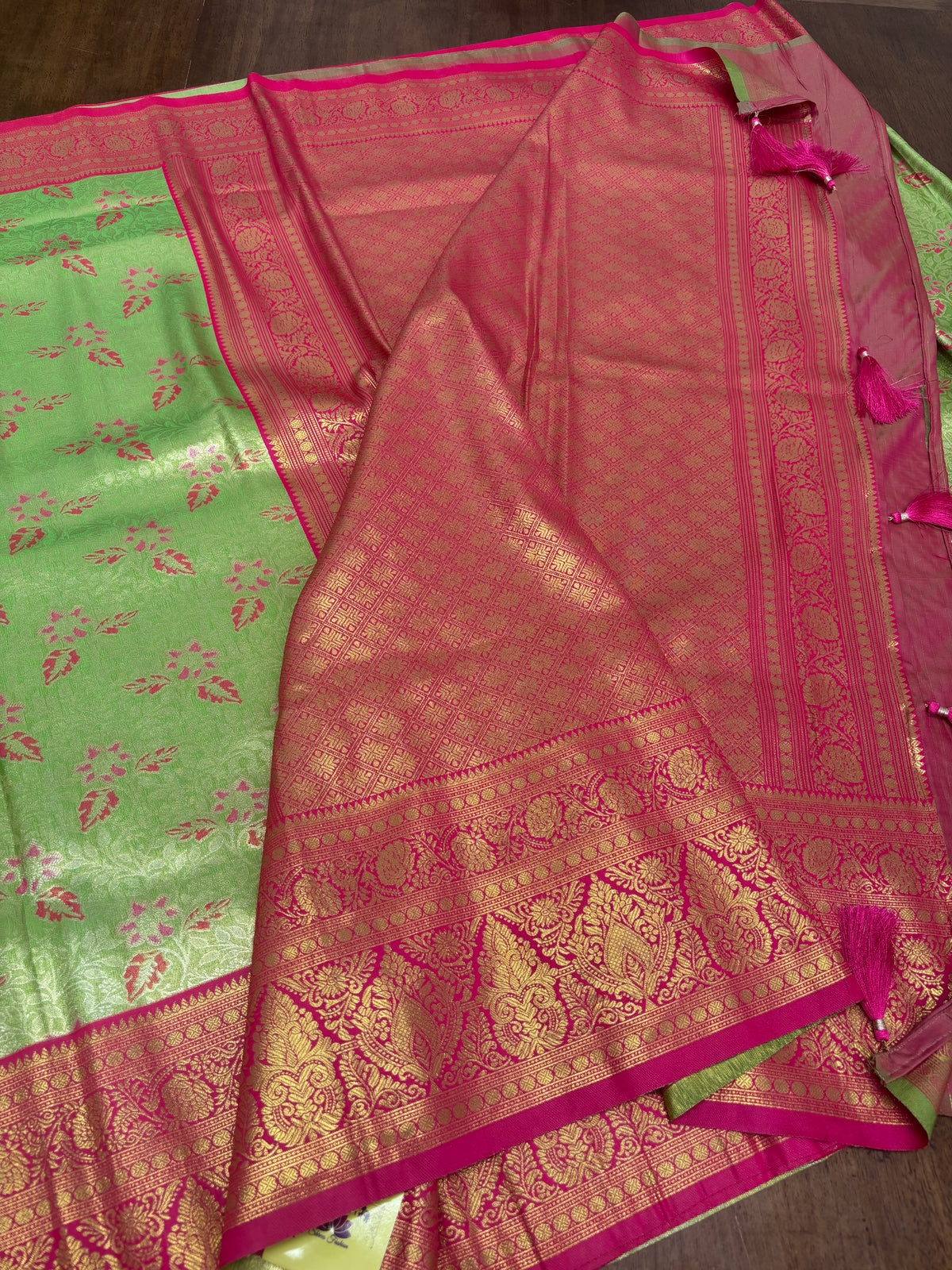 Classic Kanchi Soft Silk Saree with Parrot Green Body and Pink Border