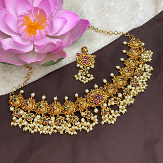Classic Radiance – Kemp Stone Choker Set with Pink & Green Stones and White Hanging Motifs
