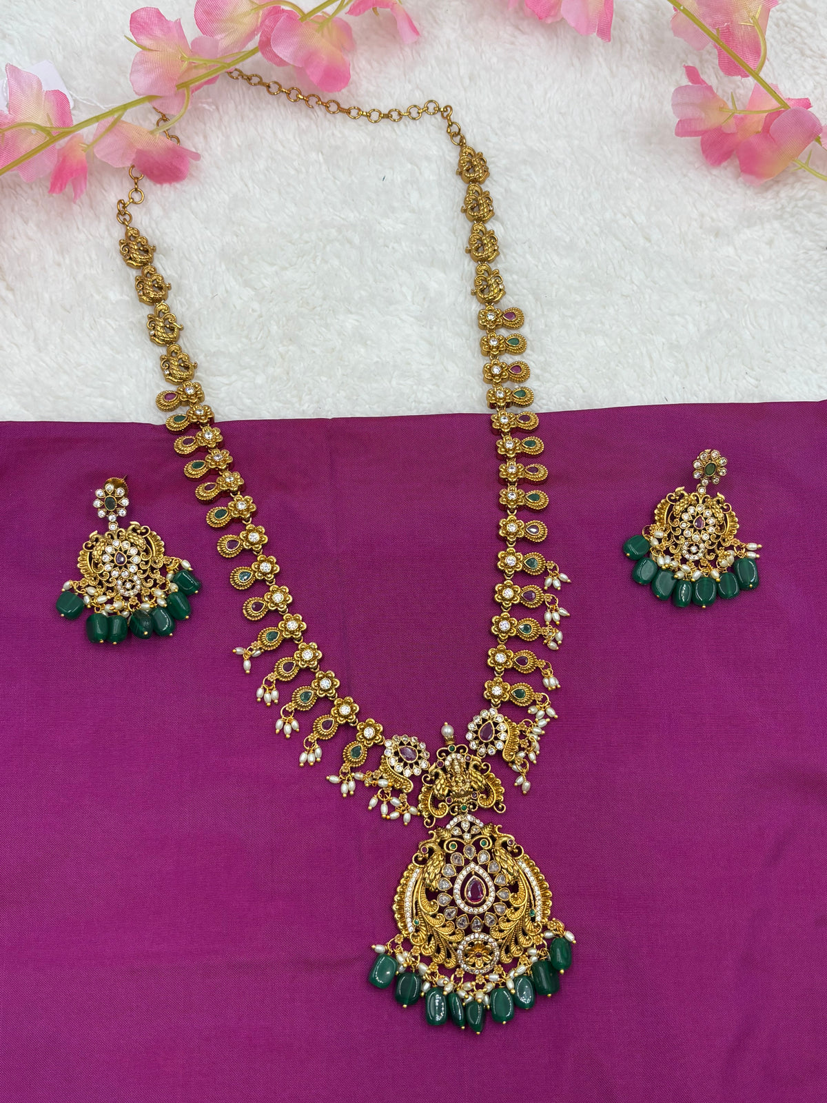 Traditional Temple Long Haram Set – Gold Finish with Intricate Craftsmanship