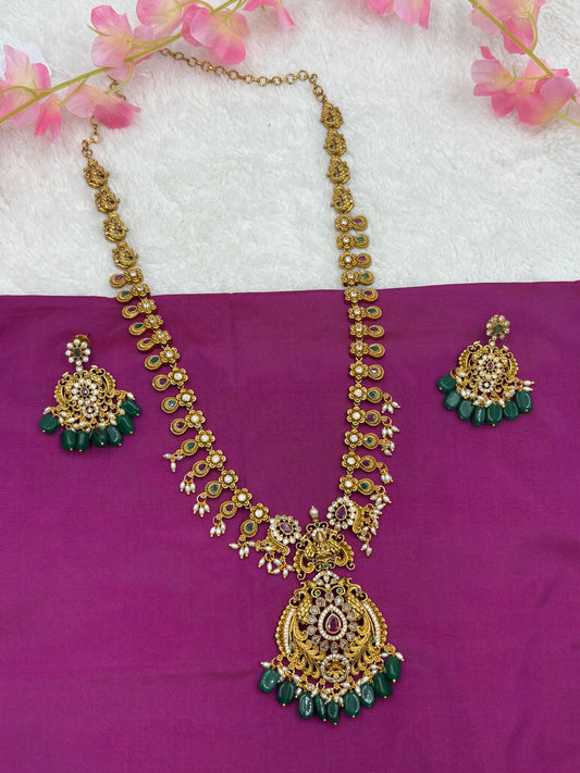 Traditional Temple Long Haram Set – Gold Finish with Intricate Craftsmanship