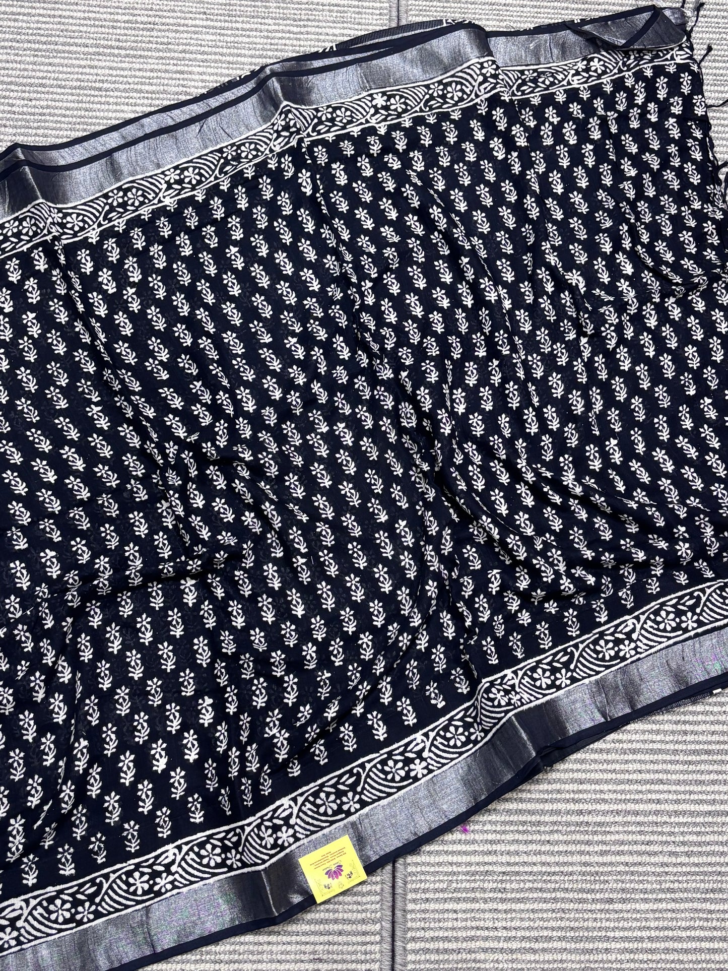 Elegant Black Linen Cotton Saree Featuring Traditional Hand Block Designs | Shrees Fashion