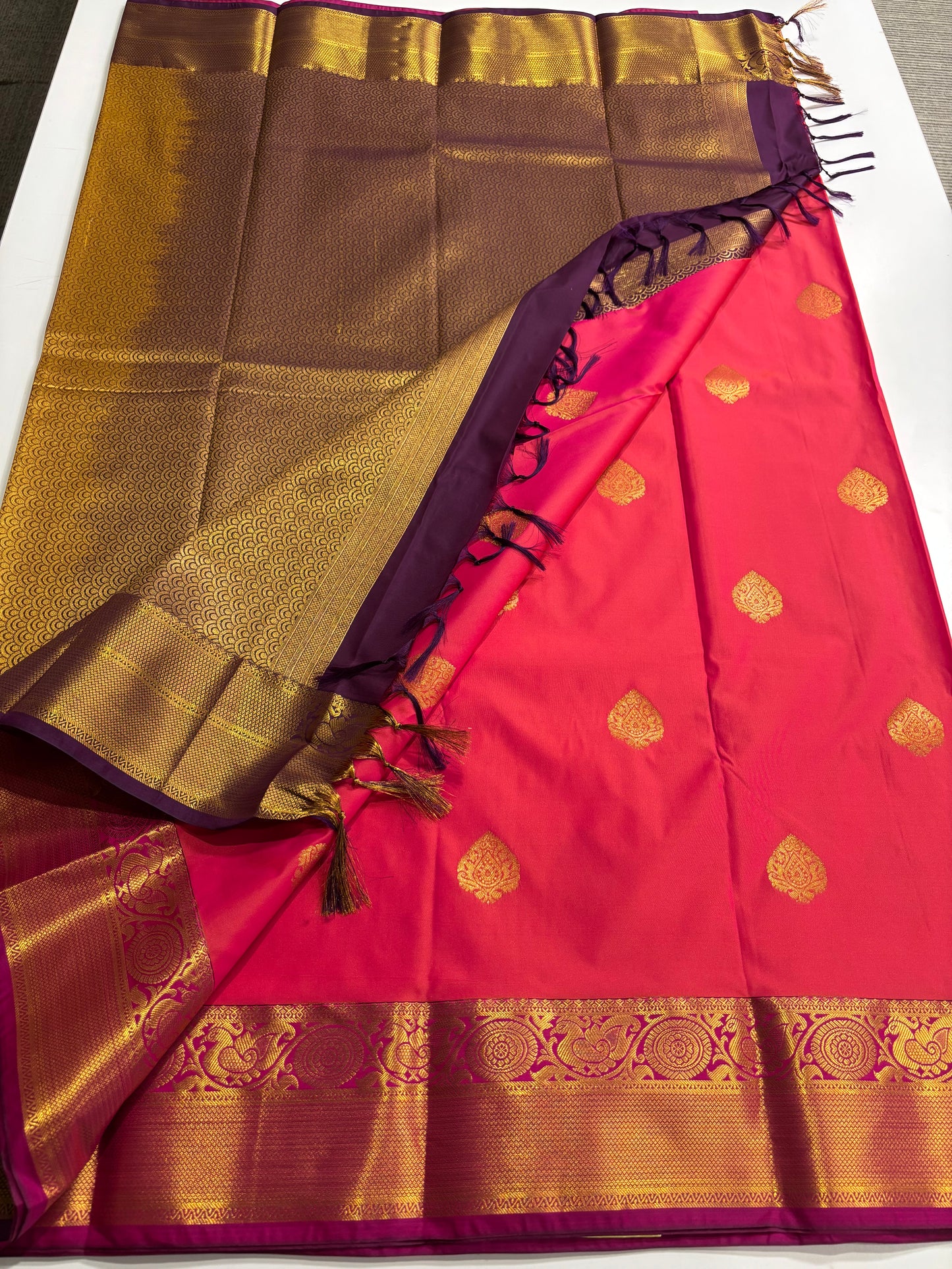 Elegant Pink Kanchipuram Semi Silk Saree with Rich Wine Contrast Border & Pallu